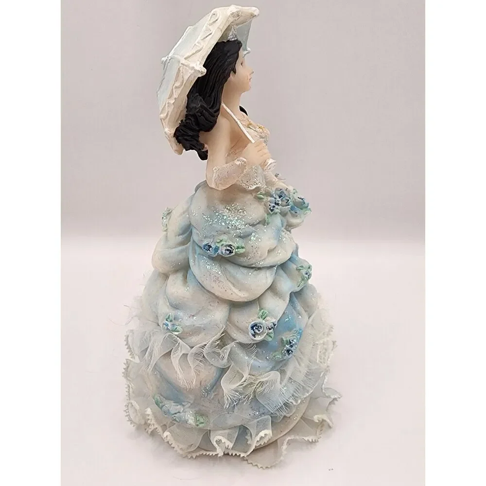 Vintage Hard Plastic Lady Figurine Blue Dress Crown Parasol Jewelry 6 inches
